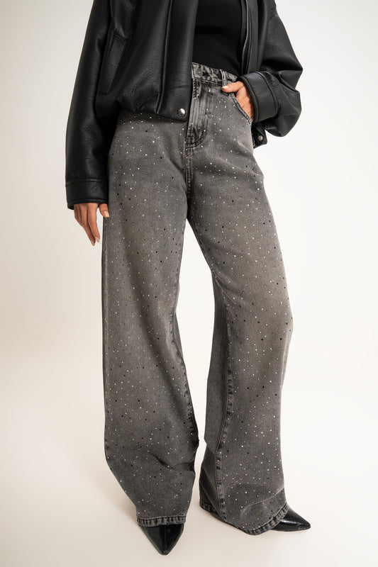 Studded Wide Leg Jeans: Grey