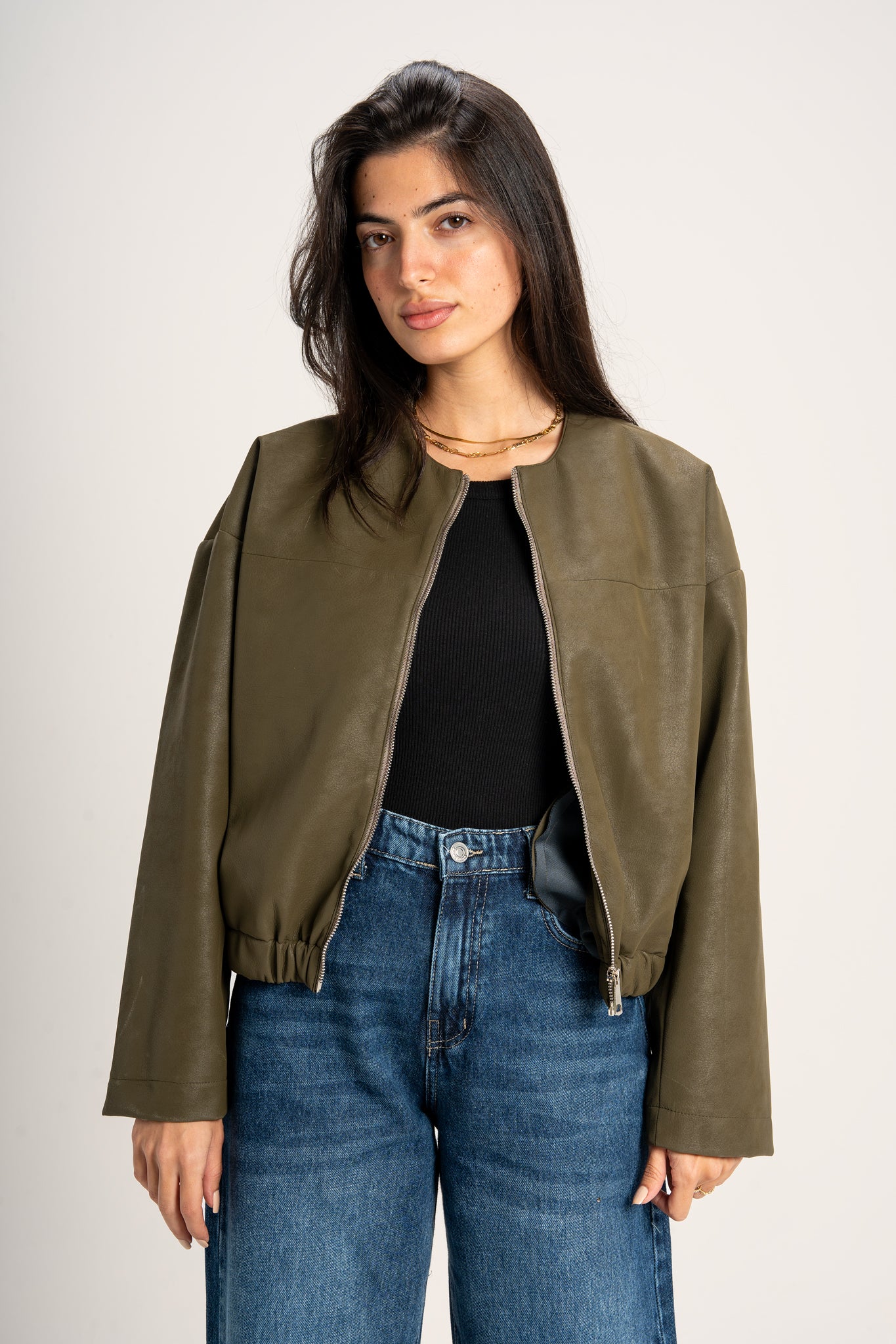 Boss-Girl Leather Jacket in Olive Green