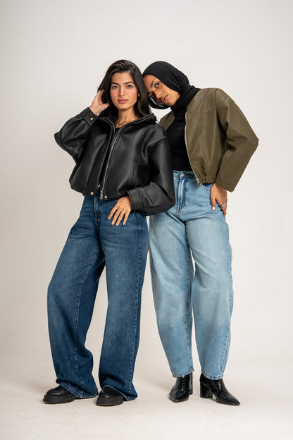 Boss-Girl Leather Jacket in Olive Green