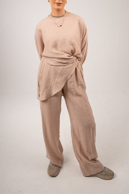 "AM to PM" Multi-Wrap Linen Top: Beige