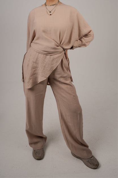 "AM to PM" Multi-Wrap Linen Top: Beige