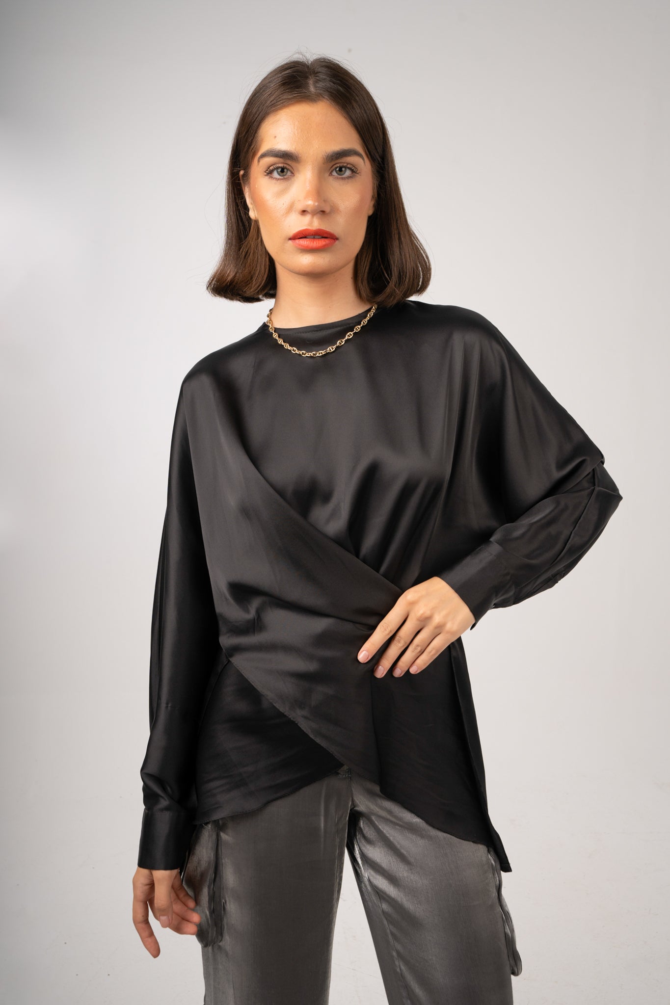 "AM to PM" Multi-Wrap Satin Top: Black