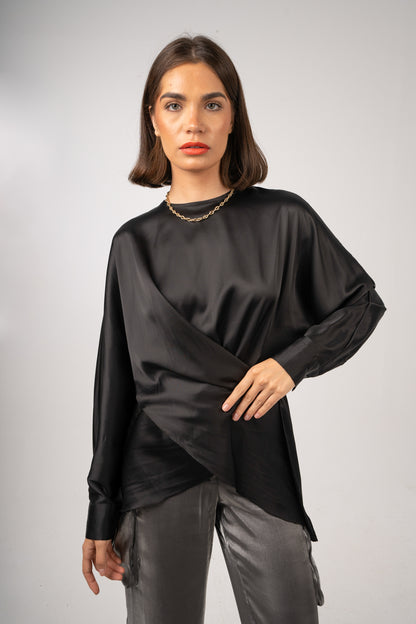 "AM to PM" Multi-Wrap Satin Top: Black