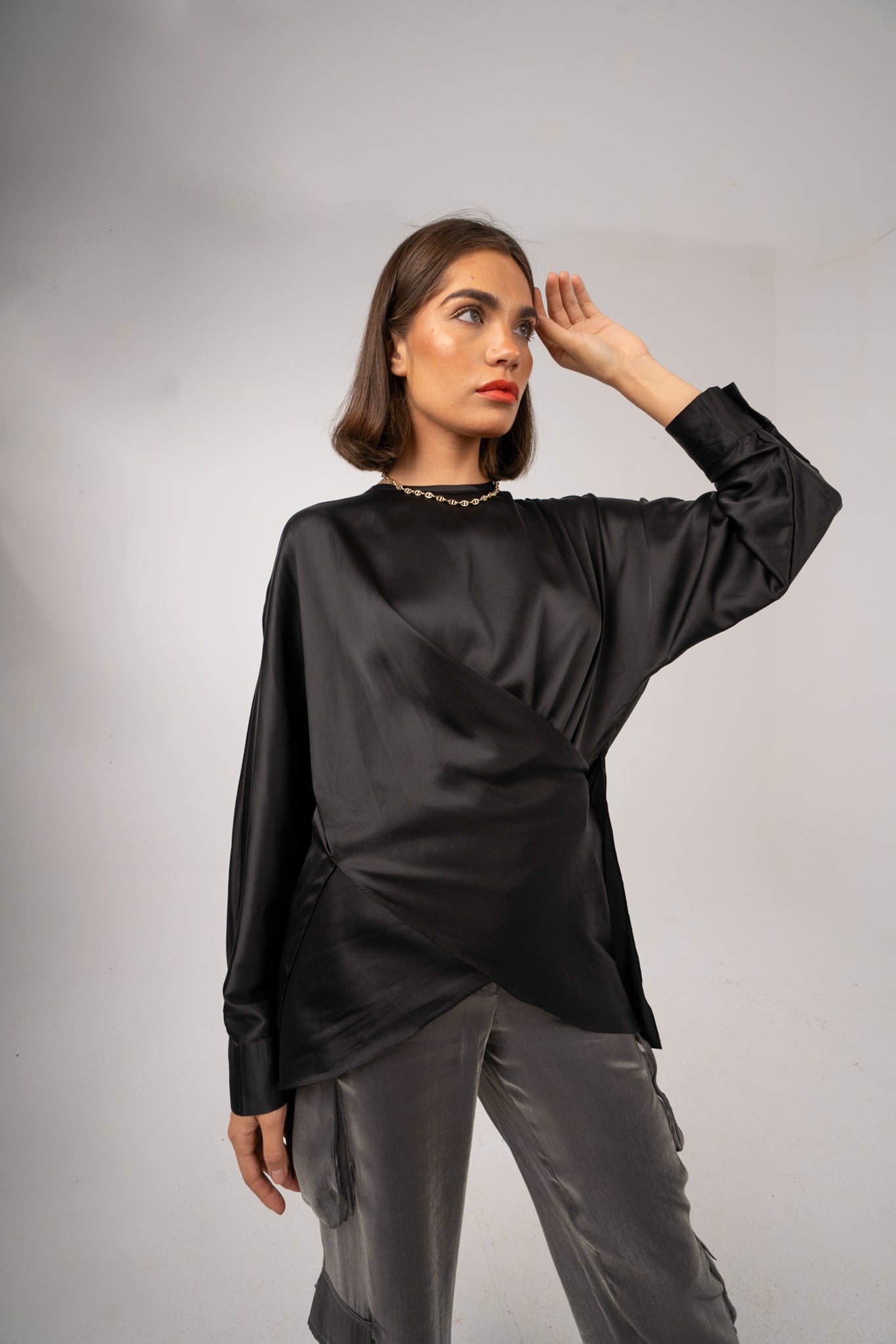"AM to PM" Multi-Wrap Satin Top: Black