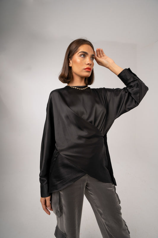 "AM to PM" Multi-Wrap Satin Top: Black