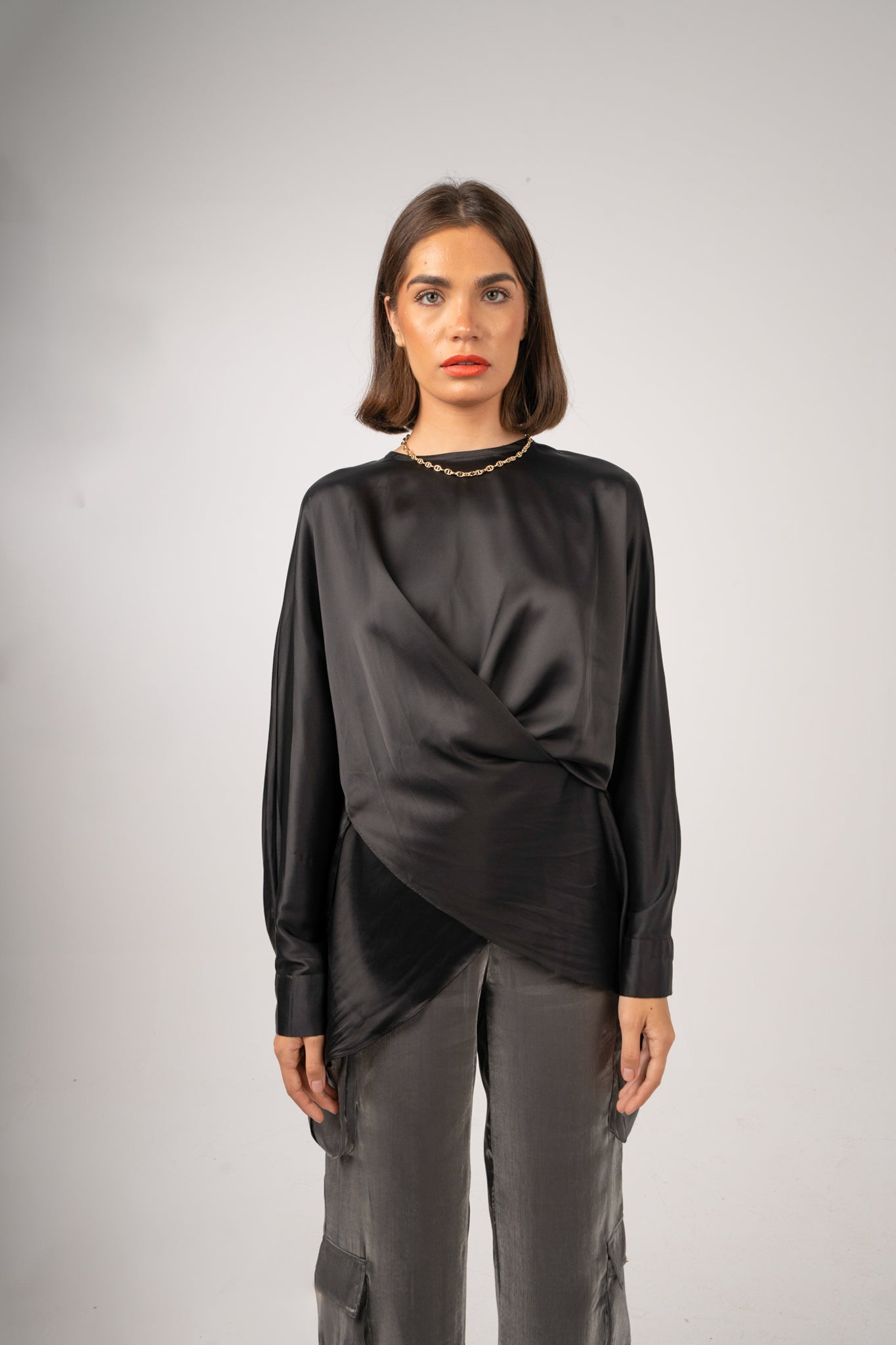 "AM to PM" Multi-Wrap Satin Top: Black
