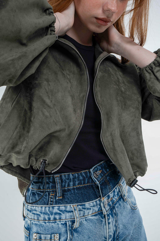 Olive Green Suede Collared Jacket