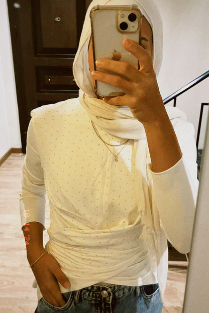 The Studded Wrap Cotton T-shirt: Off White/Créme