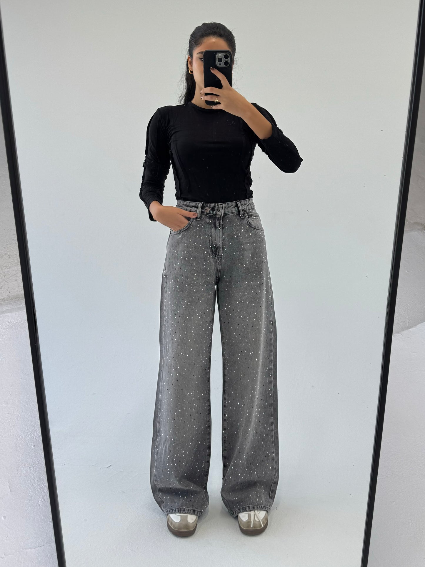 Studded Wide Leg Jeans: Grey