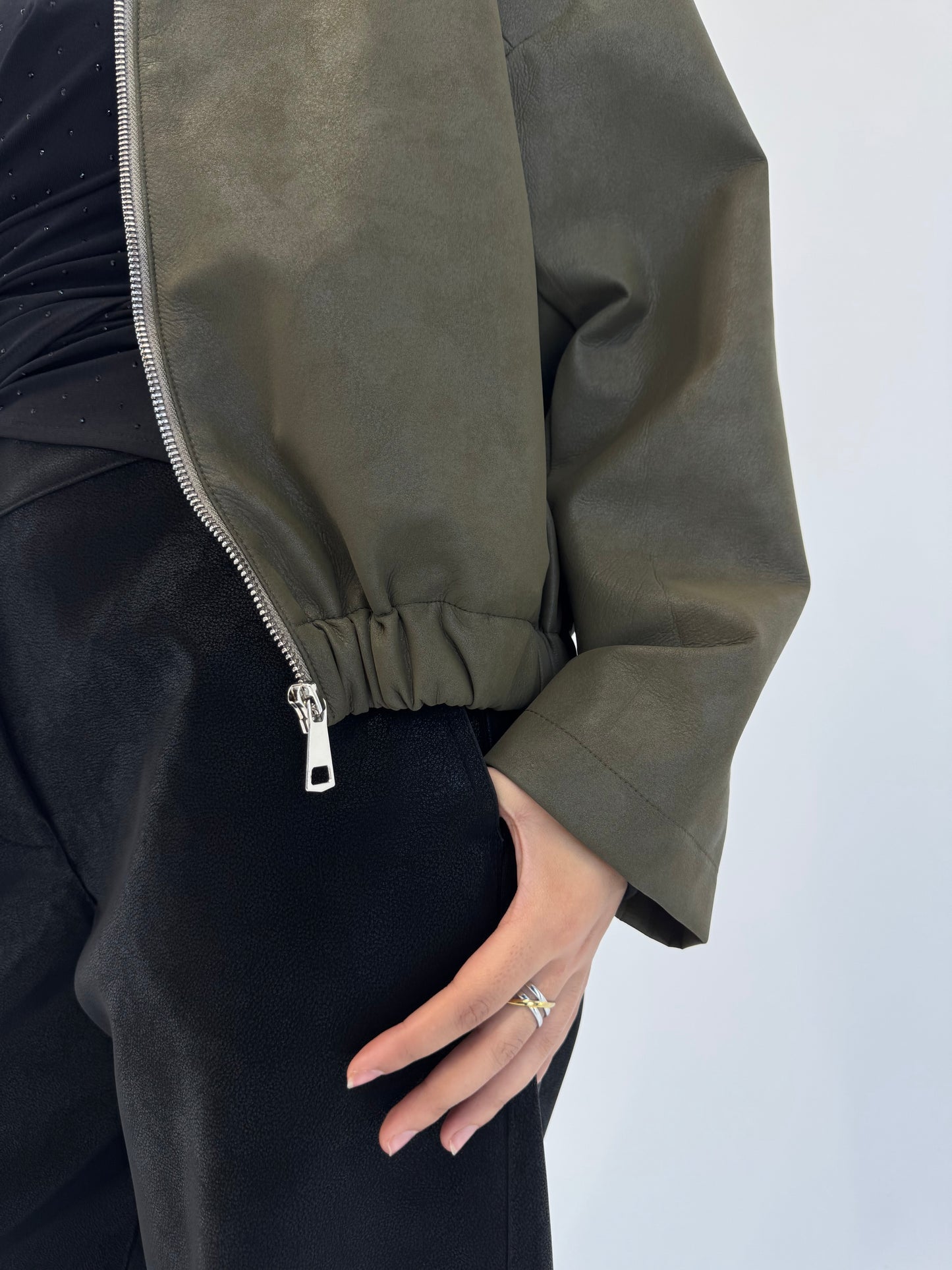 Boss-Girl Leather Jacket in Olive Green
