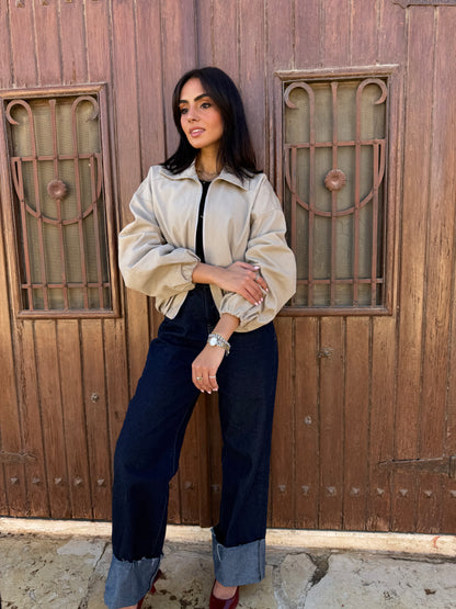 Collared Mid-length Jacket in Beige