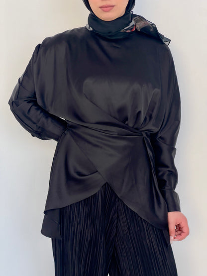 "AM to PM" Multi-Wrap Satin Top: Black