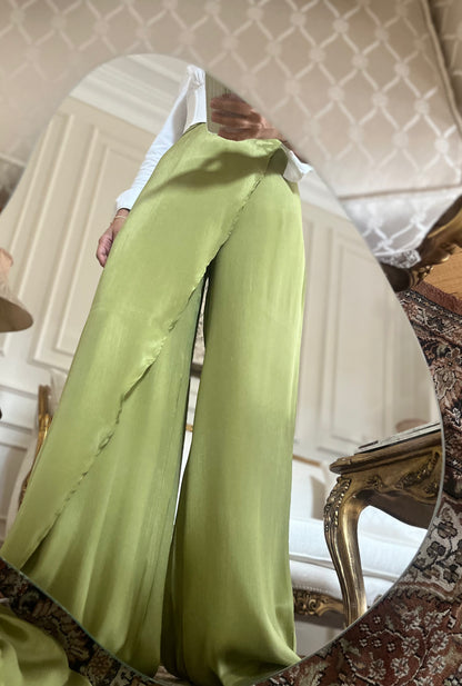 "Self-Love" Overskirt Satin Pants: Green