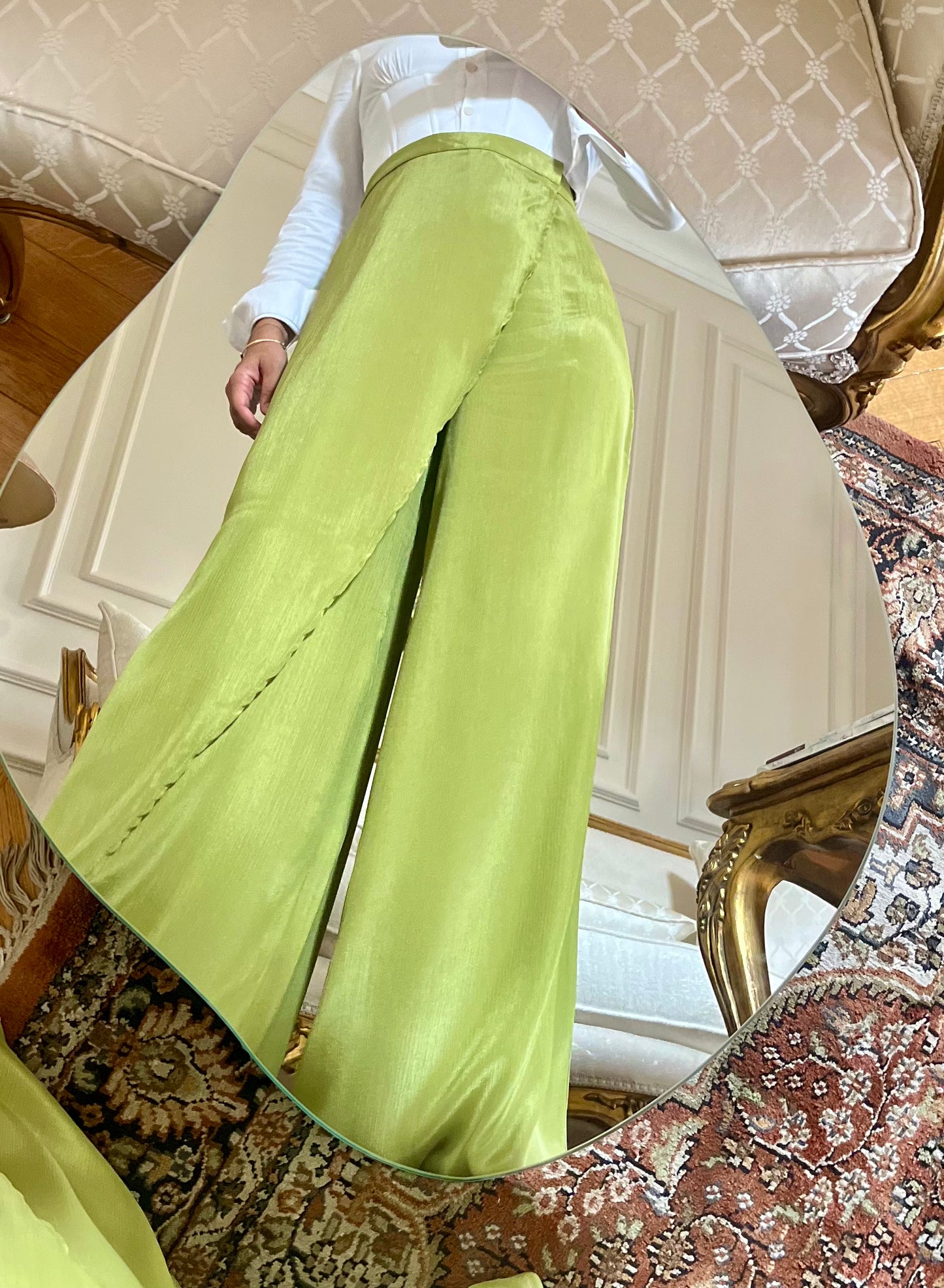 "Self-Love" Overskirt Satin Pants: Green
