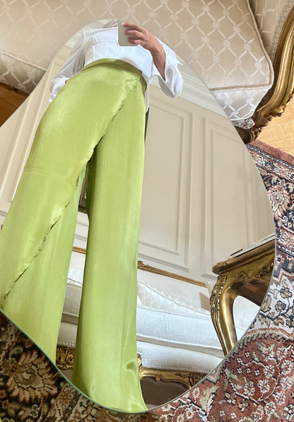 "Self-Love" Overskirt Satin Pants: Green