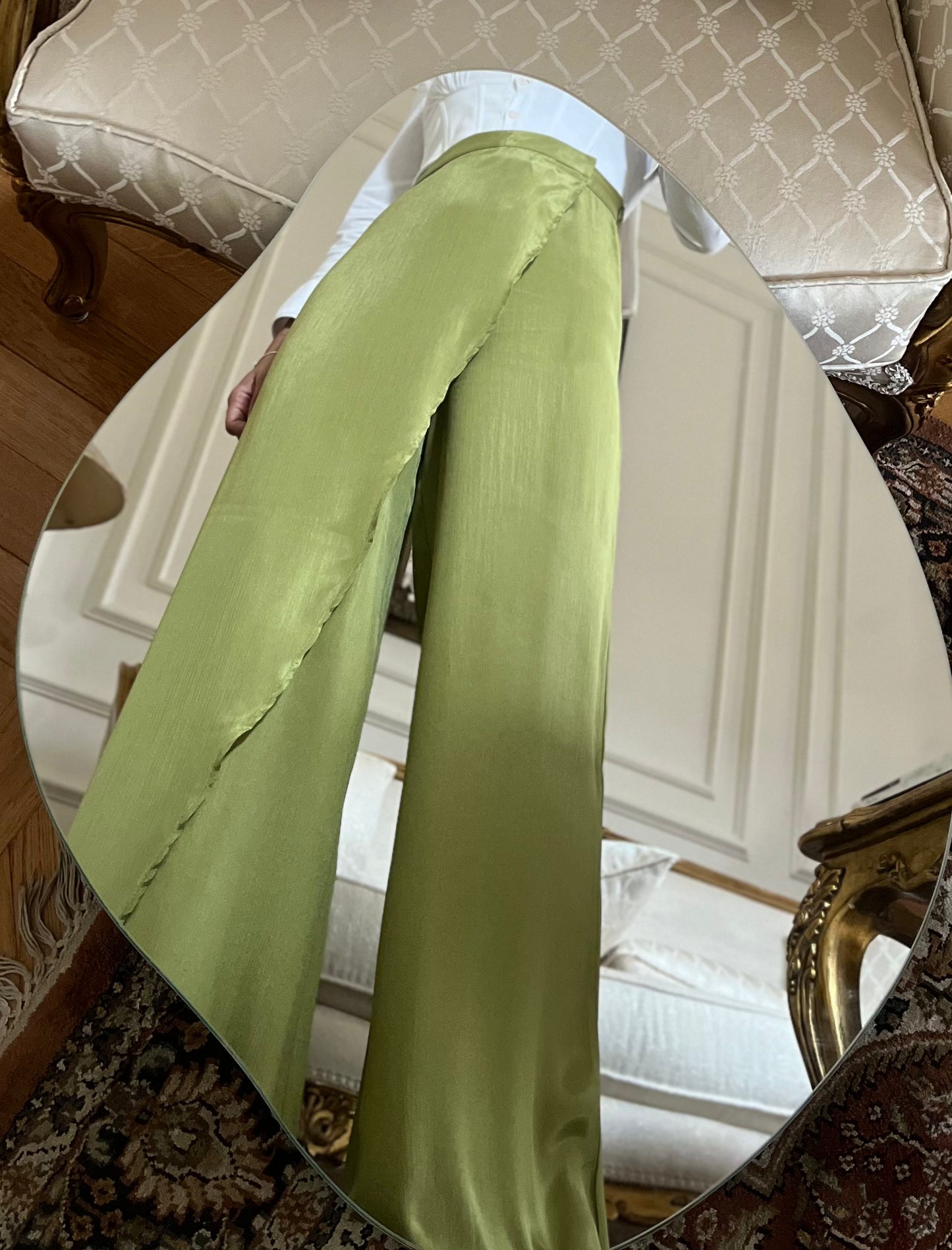 "Self-Love" Overskirt Satin Pants: Green