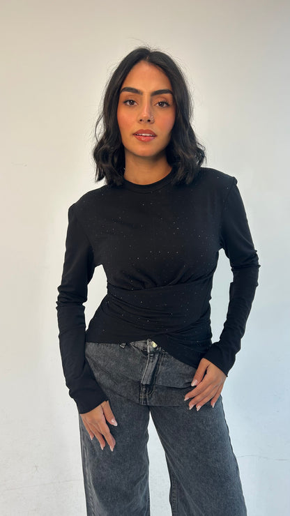 The Studded Wrap Cotton T-shirt: Black
