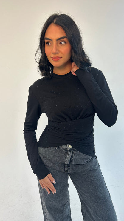 The Studded Wrap Cotton T-shirt: Black