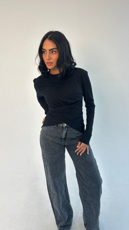 The Studded Wrap Cotton T-shirt: Black