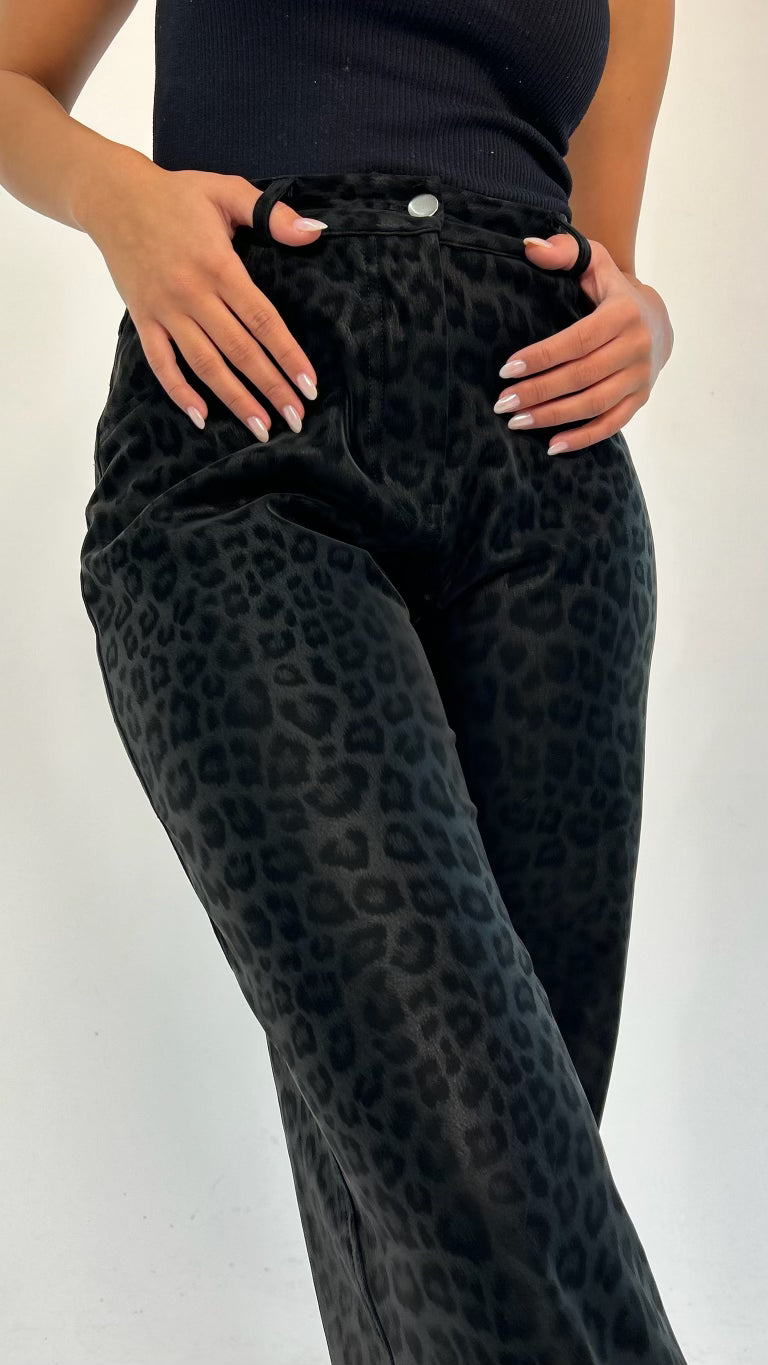 Black Cheetah Leather Pants