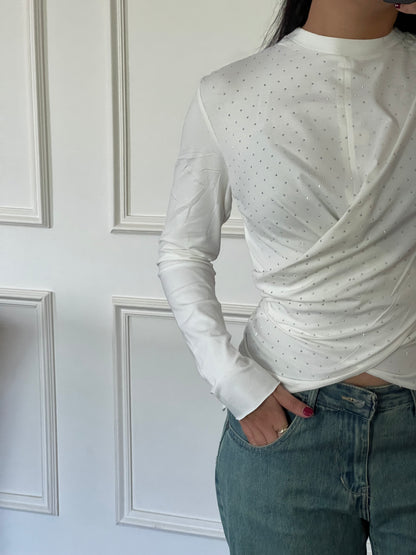 The Studded Wrap Cotton T-shirt: Off White/Créme