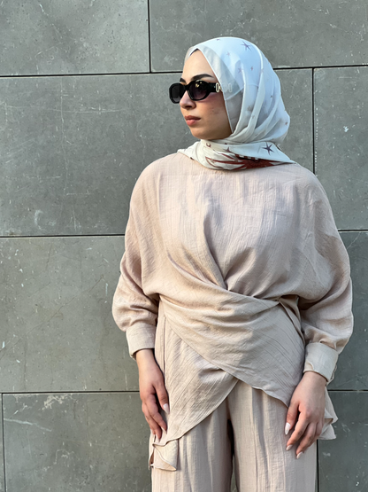 "AM to PM" Multi-Wrap Linen Top: Beige