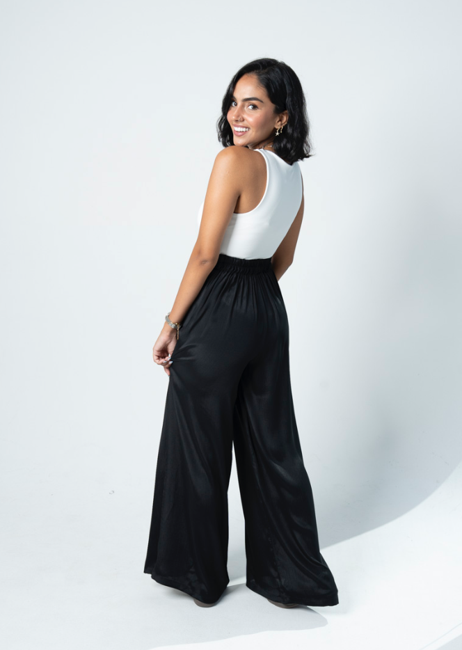 "Self-Love" Overskirt Satin Pants: Black