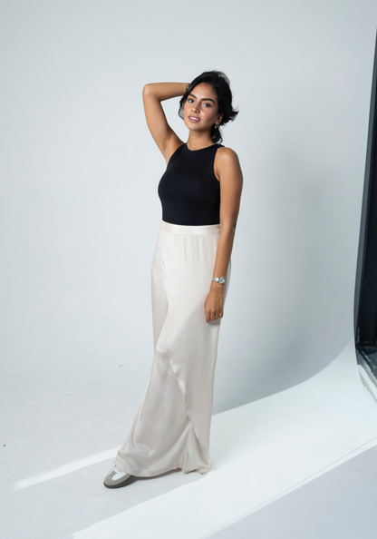 "Self-Love" Overskirt Satin Pants: Beige
