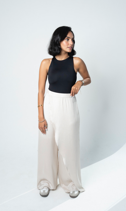 "Self-Love" Overskirt Satin Pants: Beige