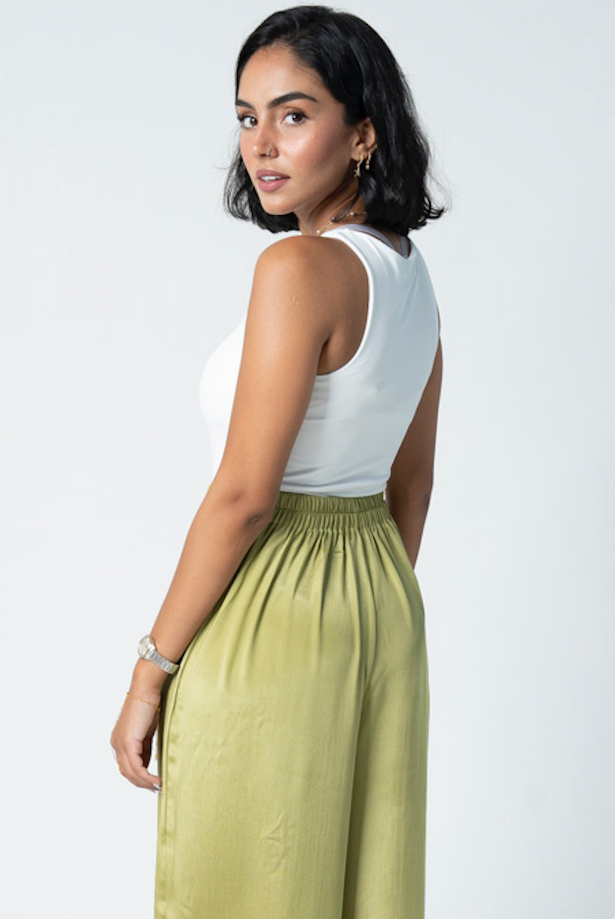 "Self-Love" Overskirt Satin Pants: Green