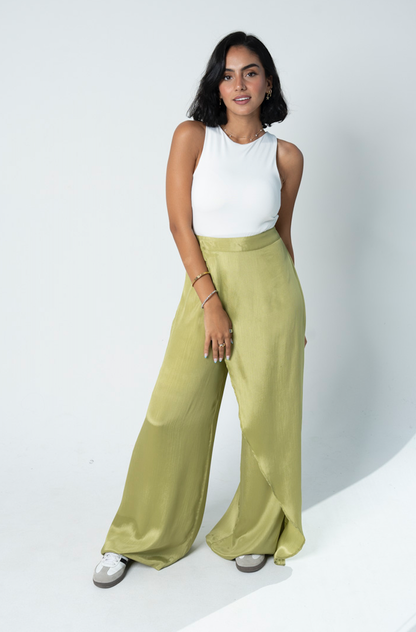 "Self-Love" Overskirt Satin Pants: Green