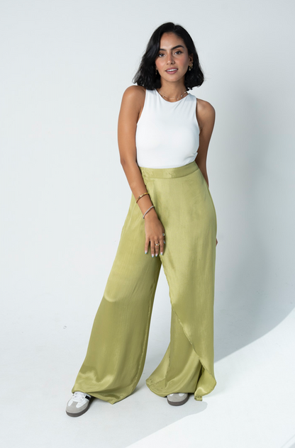 "Self-Love" Overskirt Satin Pants: Green