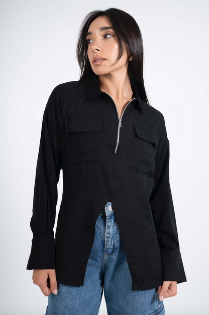 Utility Zip up Shirt in Black
