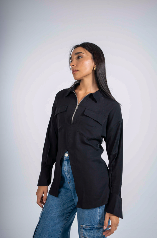 Utility Zip up Shirt in Black