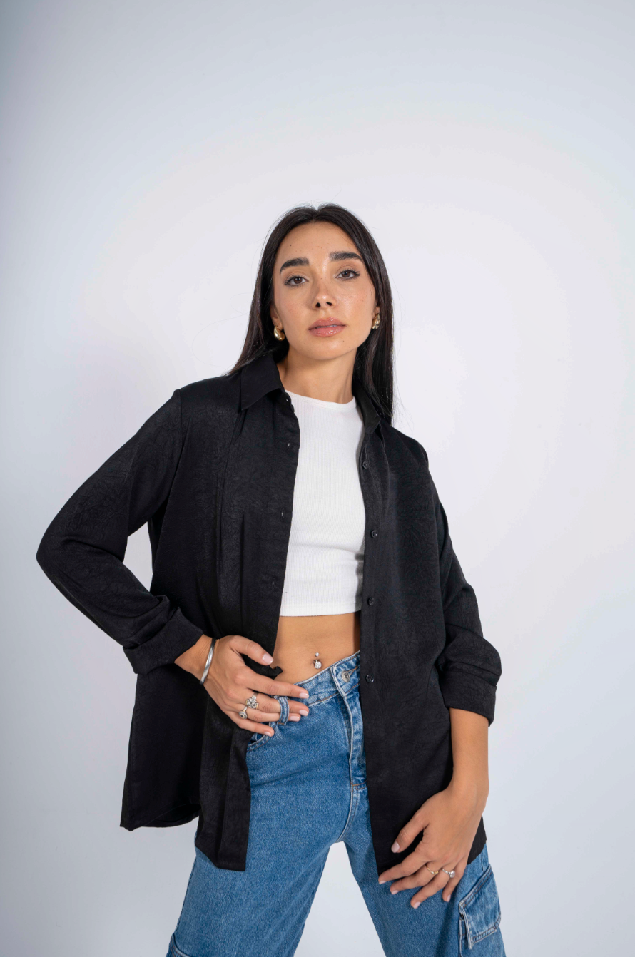 The Statement Wrap Satin Shirt in Black