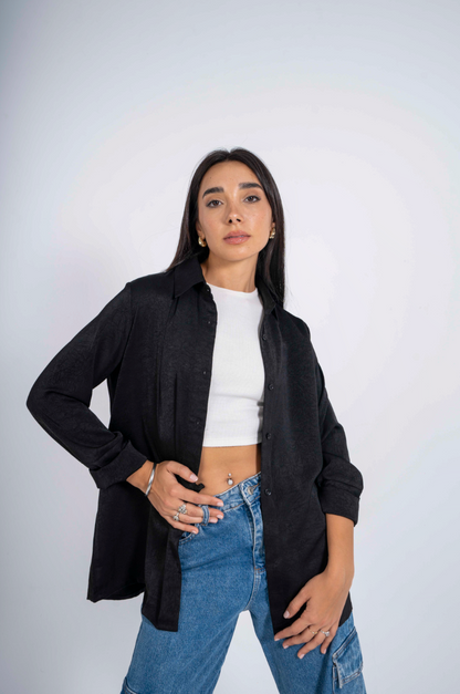 The Statement Wrap Satin Shirt in Black