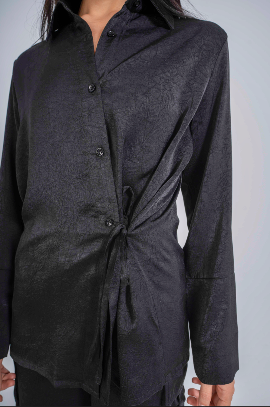 The Statement Wrap Satin Shirt in Black