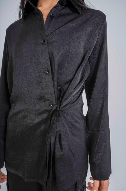 The Statement Wrap Satin Shirt in Black