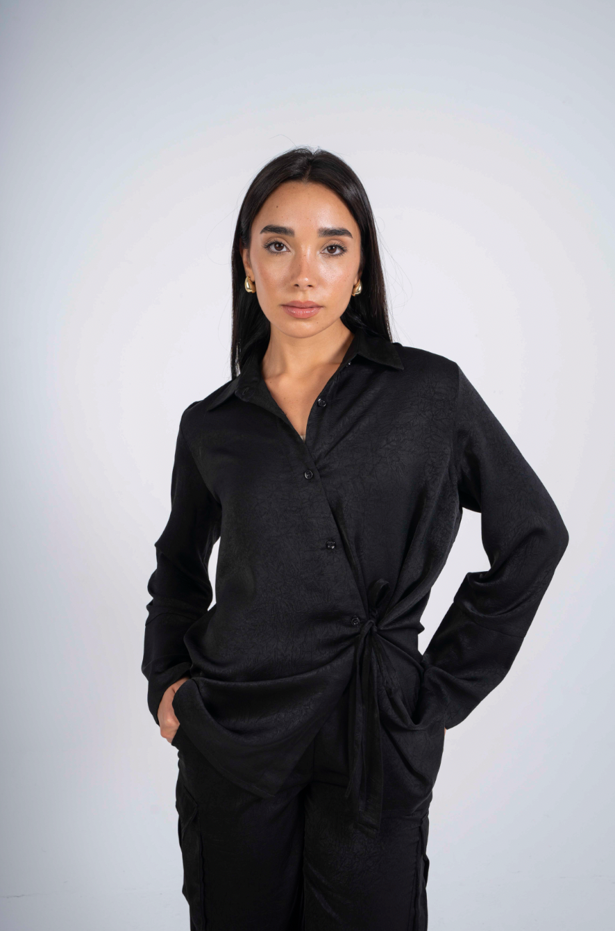 The Statement Wrap Satin Shirt in Black