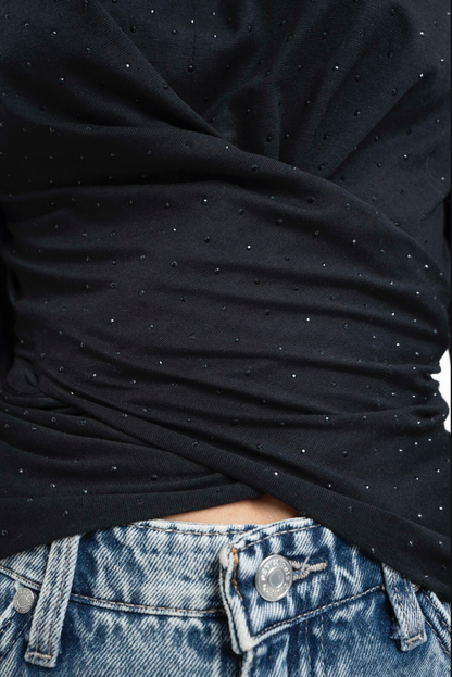 The Studded Wrap Cotton T-shirt: Black