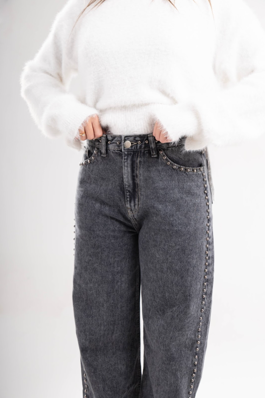 Studded Clean Girl Grey Jeans