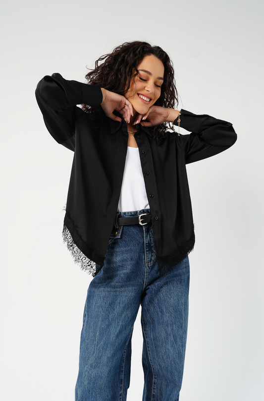 Satin Shirt with Lace Trimming: Black