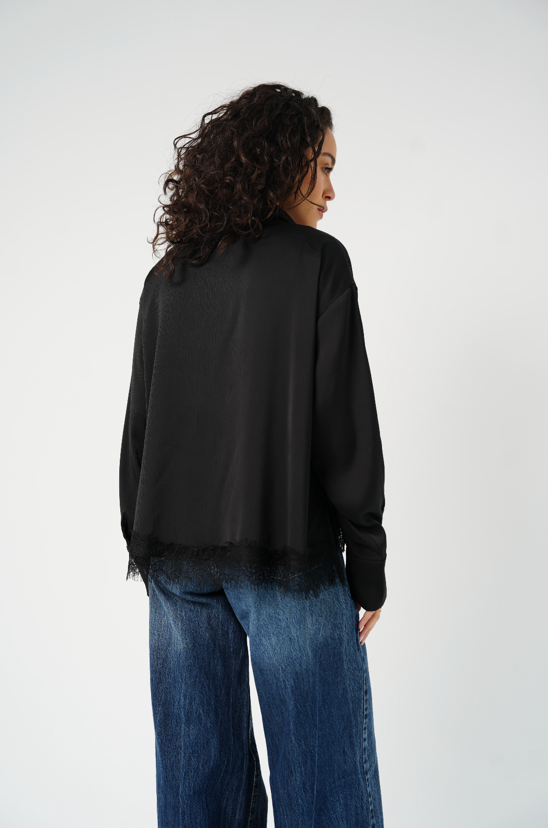 Satin Shirt with Lace Trimming: Black
