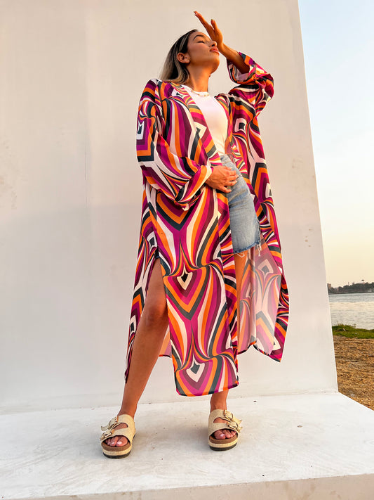 Psyc Satin Long Kimono: Earth tones